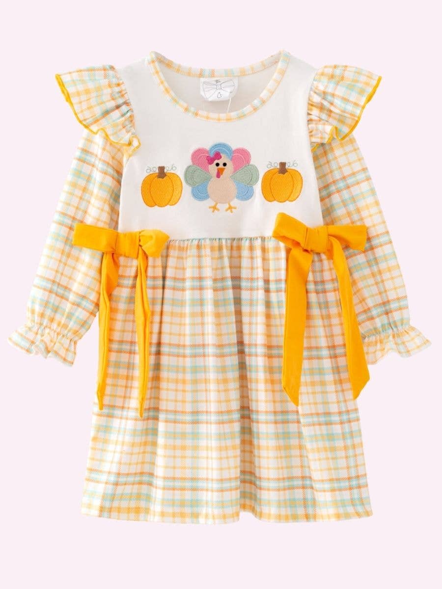 Girls Plaid Turkey & Pumpkin Thanksgiving Dress