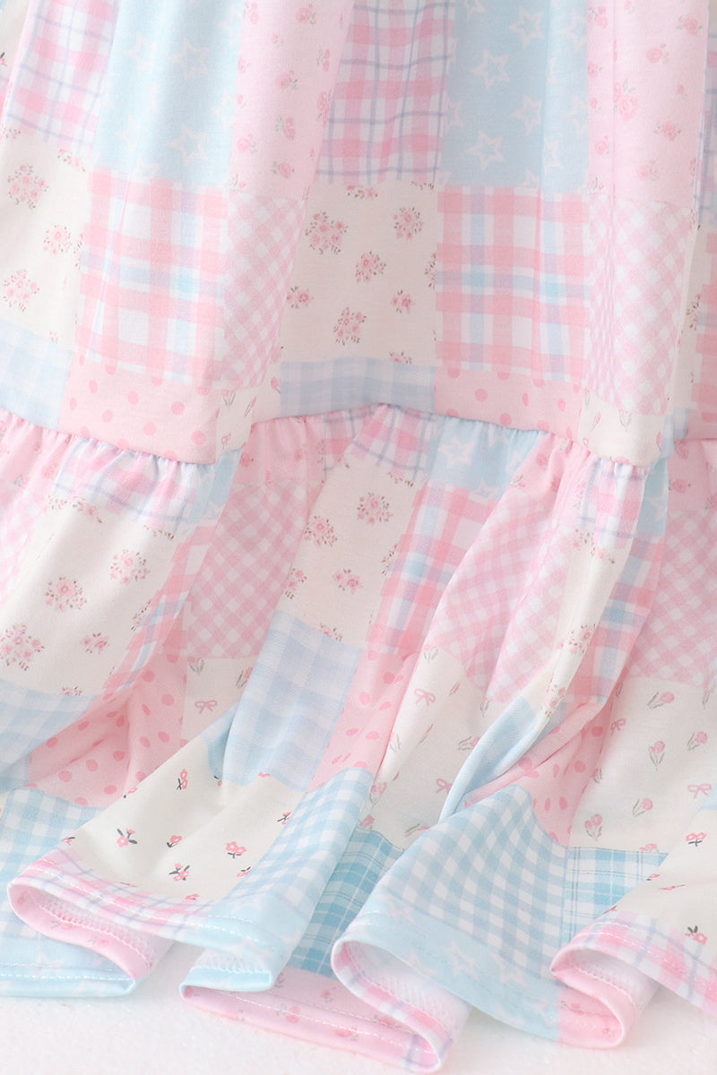 Pink patchwork floral tiered dress
