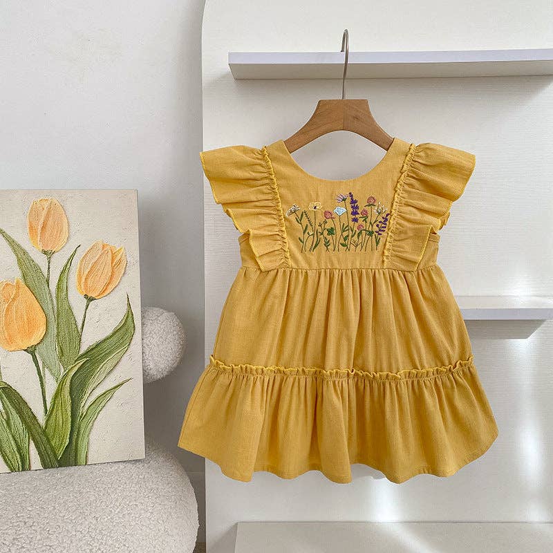 Floral Embroidered Vertical Ruffle Strap Girls Dress/Romper