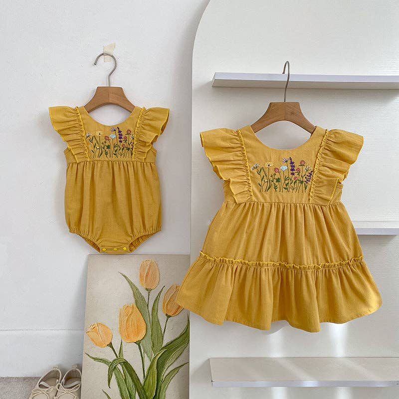 Floral Embroidered Vertical Ruffle Strap Girls Dress/Romper