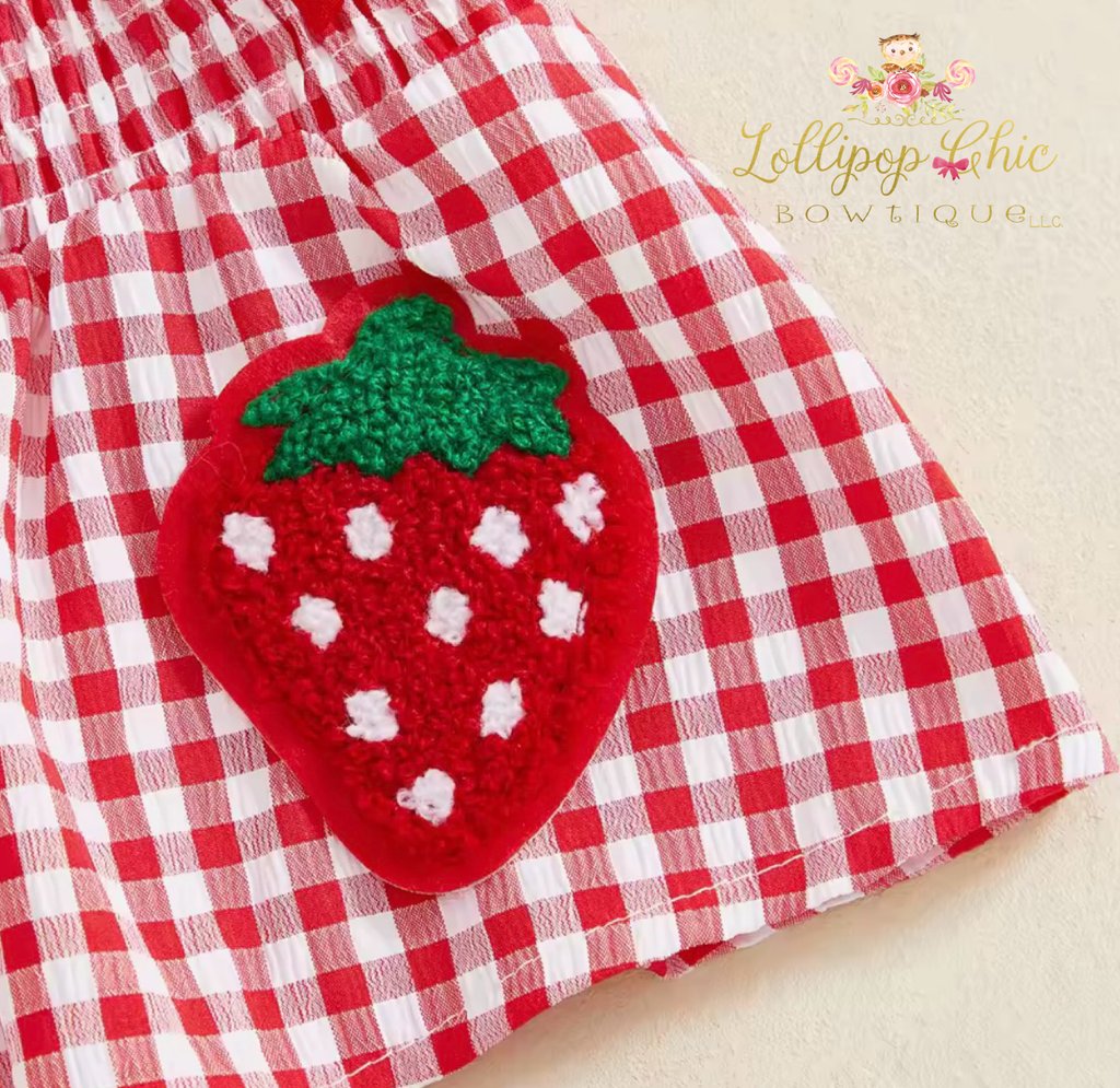 Toddler Baby Girl Strawberry Embroidered Plaid Ruffle Sleeve