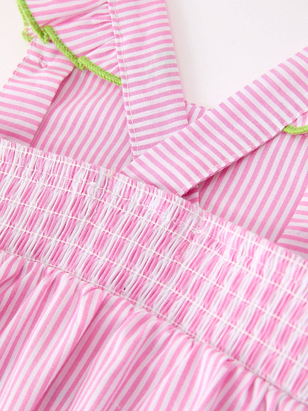 Turtle Girls Romper Pink Stripe Ruffle Strap Smocked