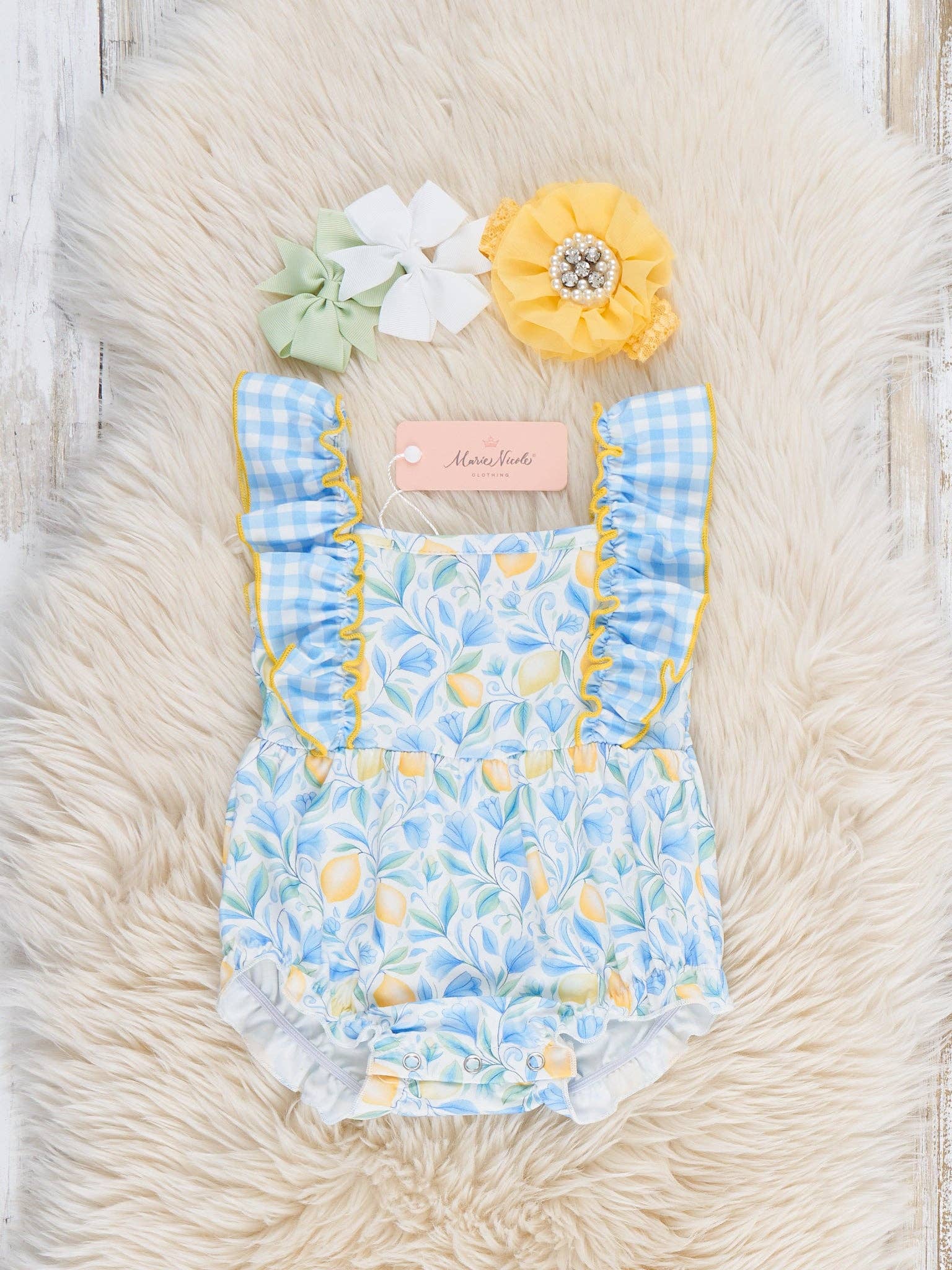 Sunny Lemons Gingham Ruffle Bubble Romper