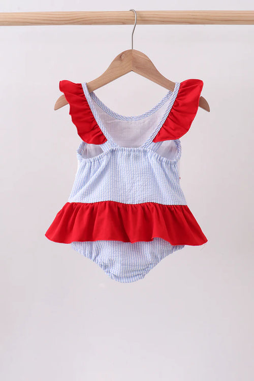 Blue Seersucker Flag Smocked Ruffle Swimsuit