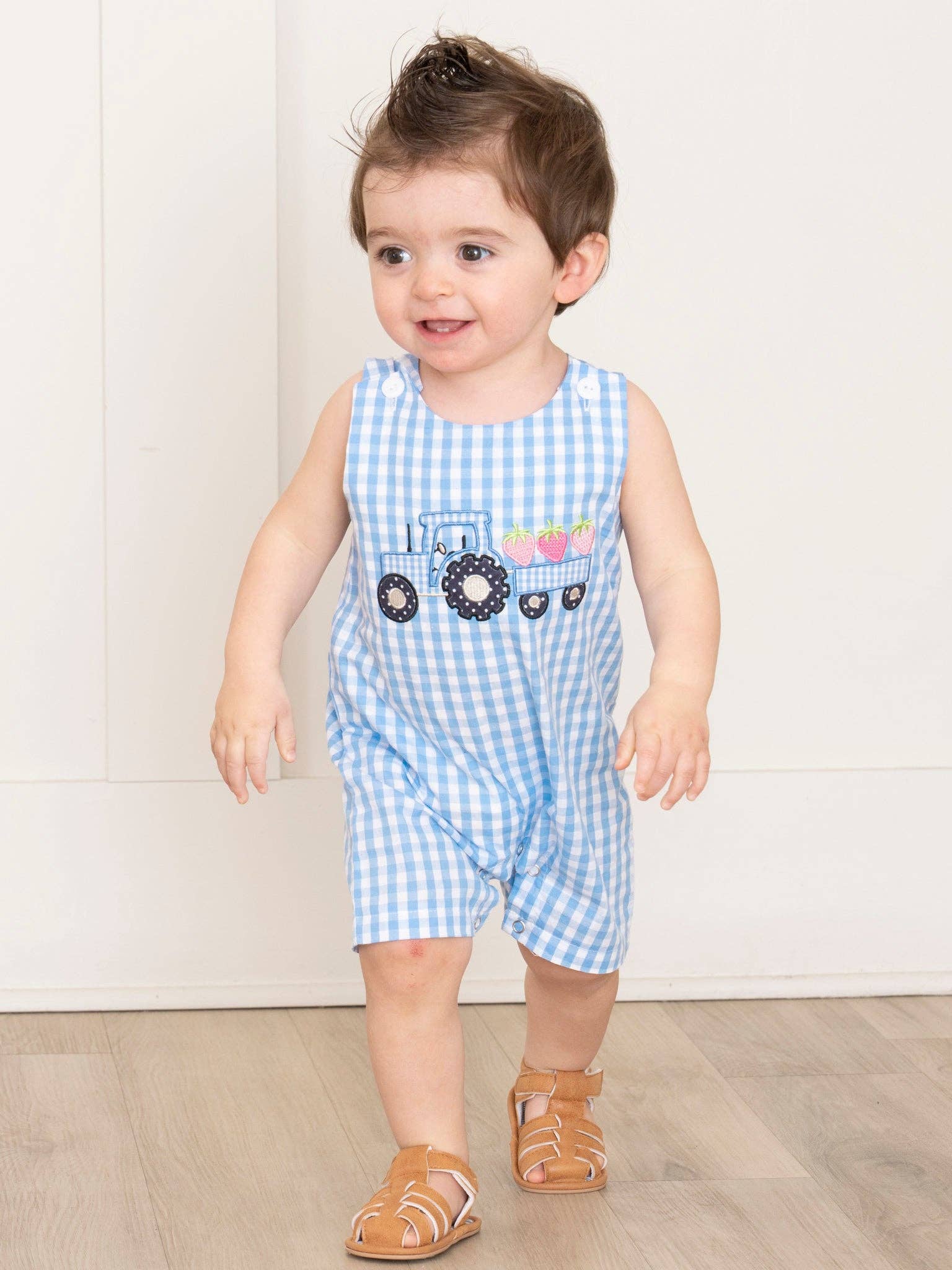 Gingham Embroidered Fruit Truck 100% Cotton Johnny