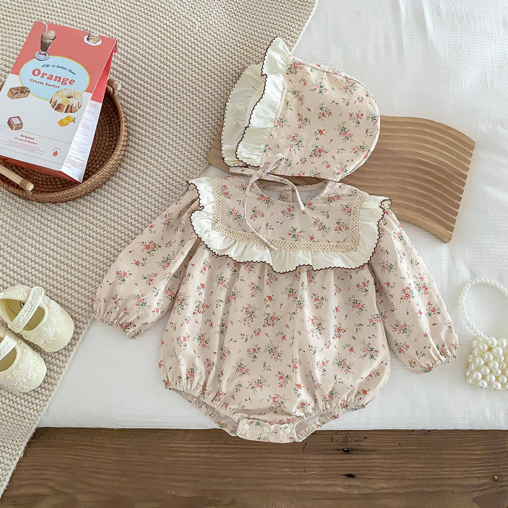 Vintage Floral Baby Romper Set with Ruffle Collar