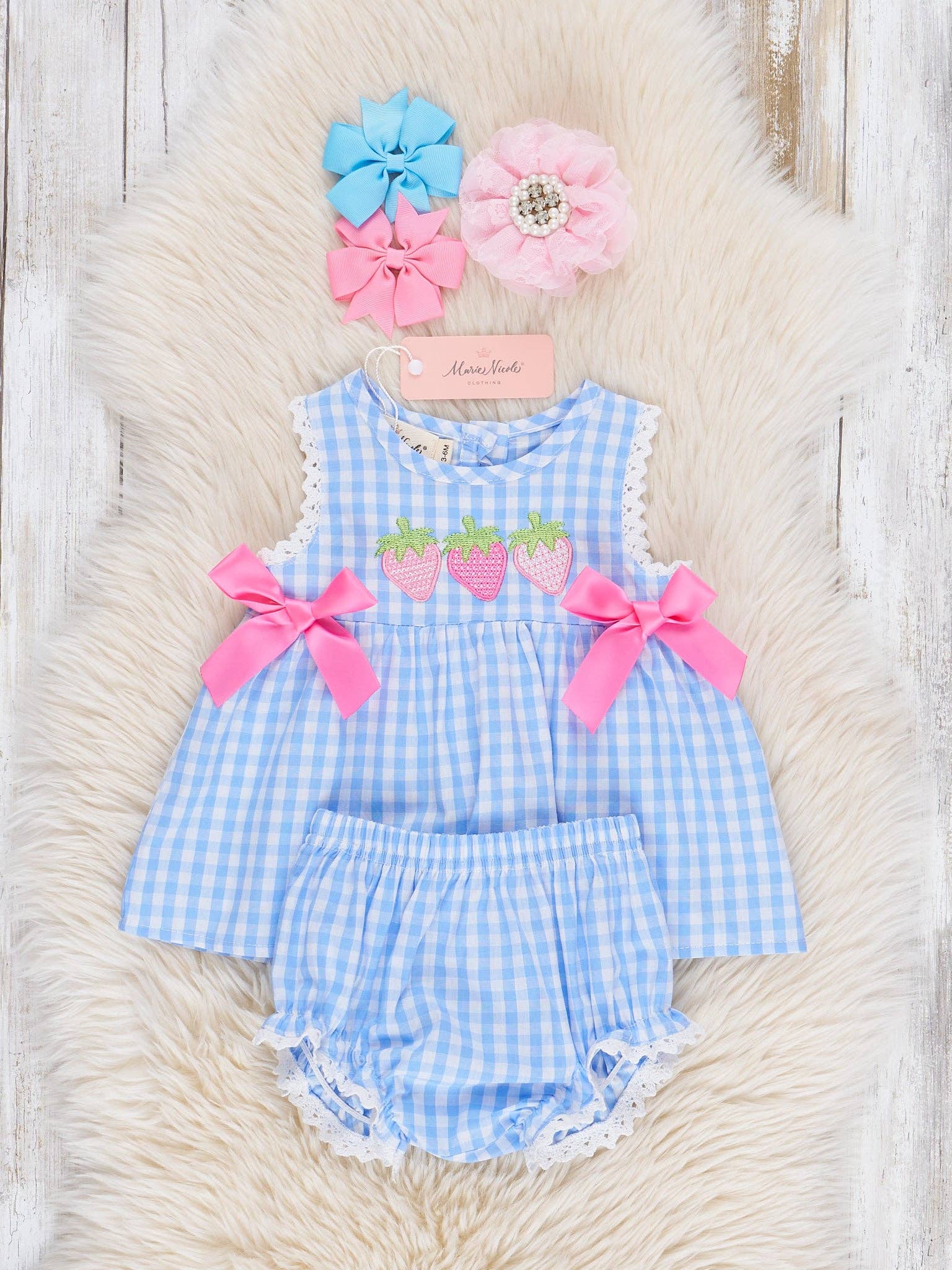 Gingham Embroidered Strawberries 100% Cotton Bloomers Outfit
