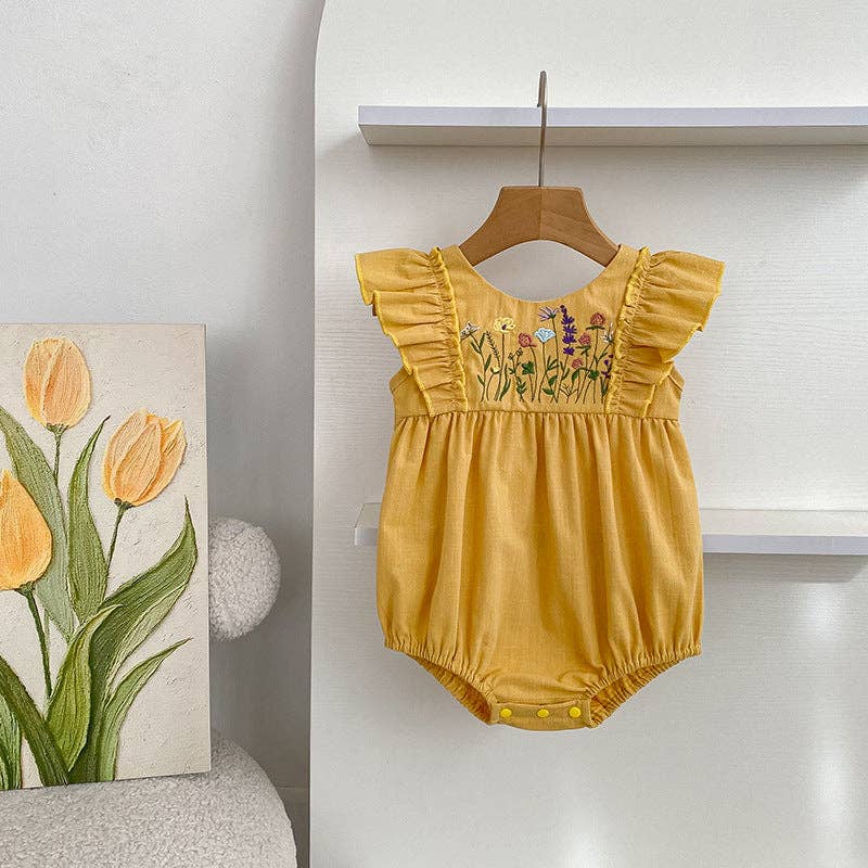 Floral Embroidered Vertical Ruffle Strap Girls Dress/Romper
