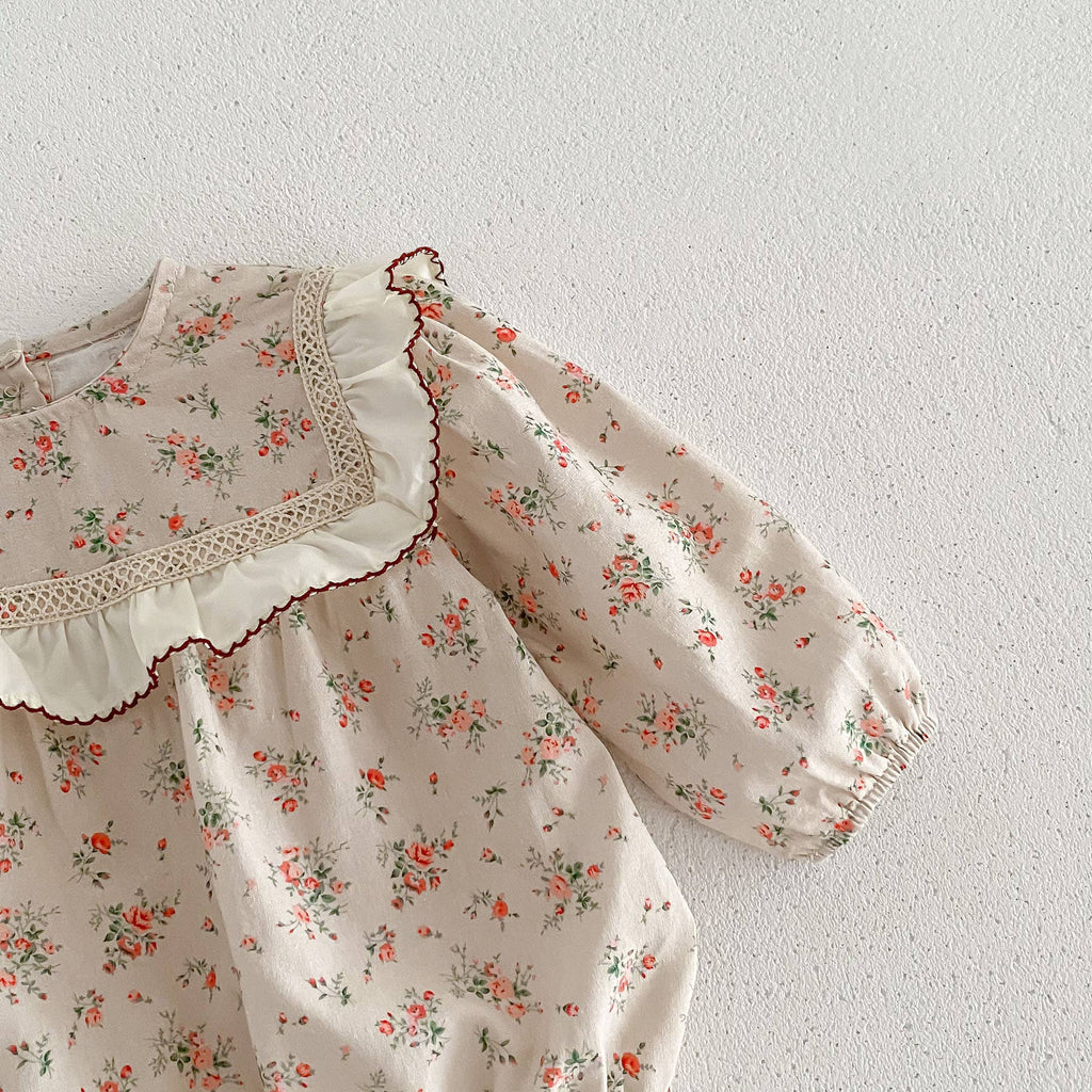 Vintage Floral Baby Romper Set with Ruffle Collar