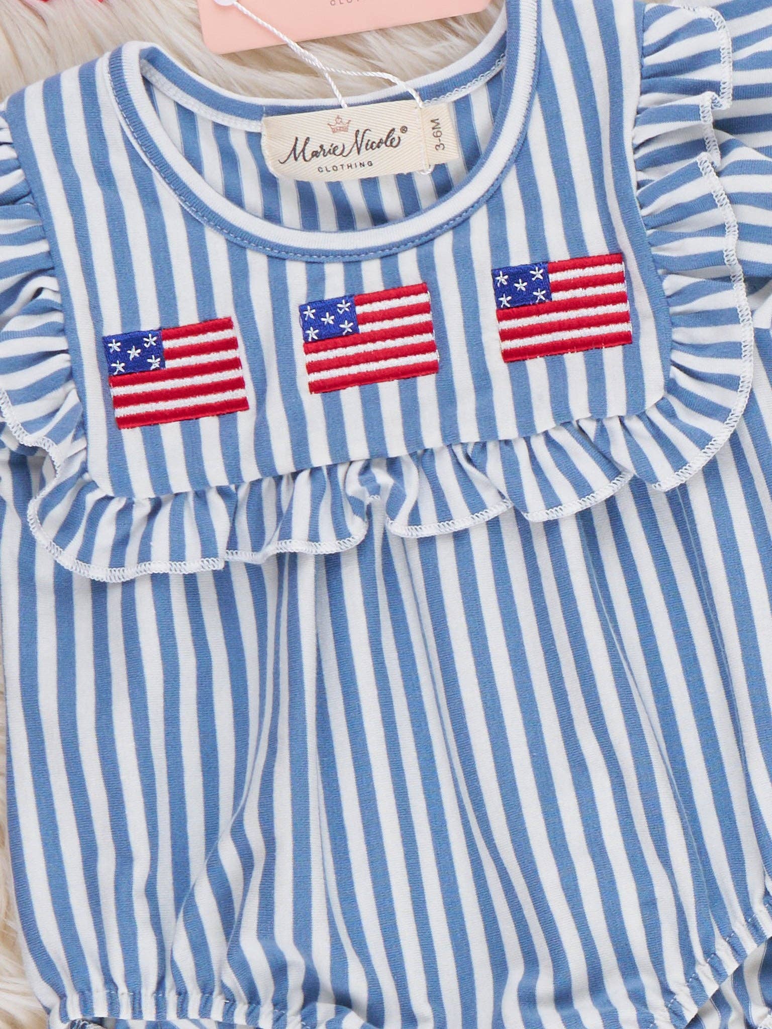 Stripes of Freedom Embroidered Cotton Ruffle Romper