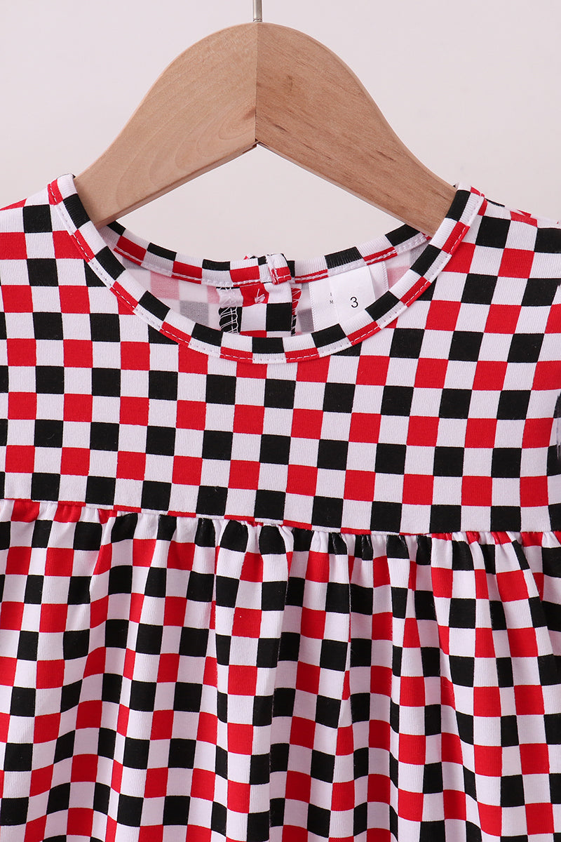 Checkered Georgia dog applique ruffle dress