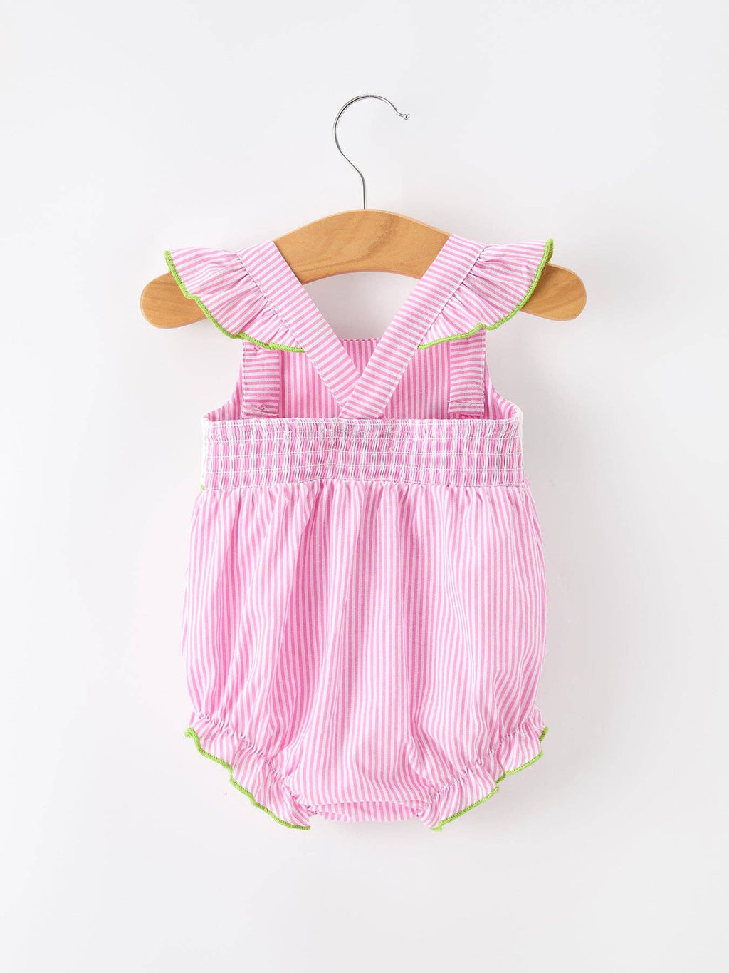 Turtle Girls Romper Pink Stripe Ruffle Strap Smocked