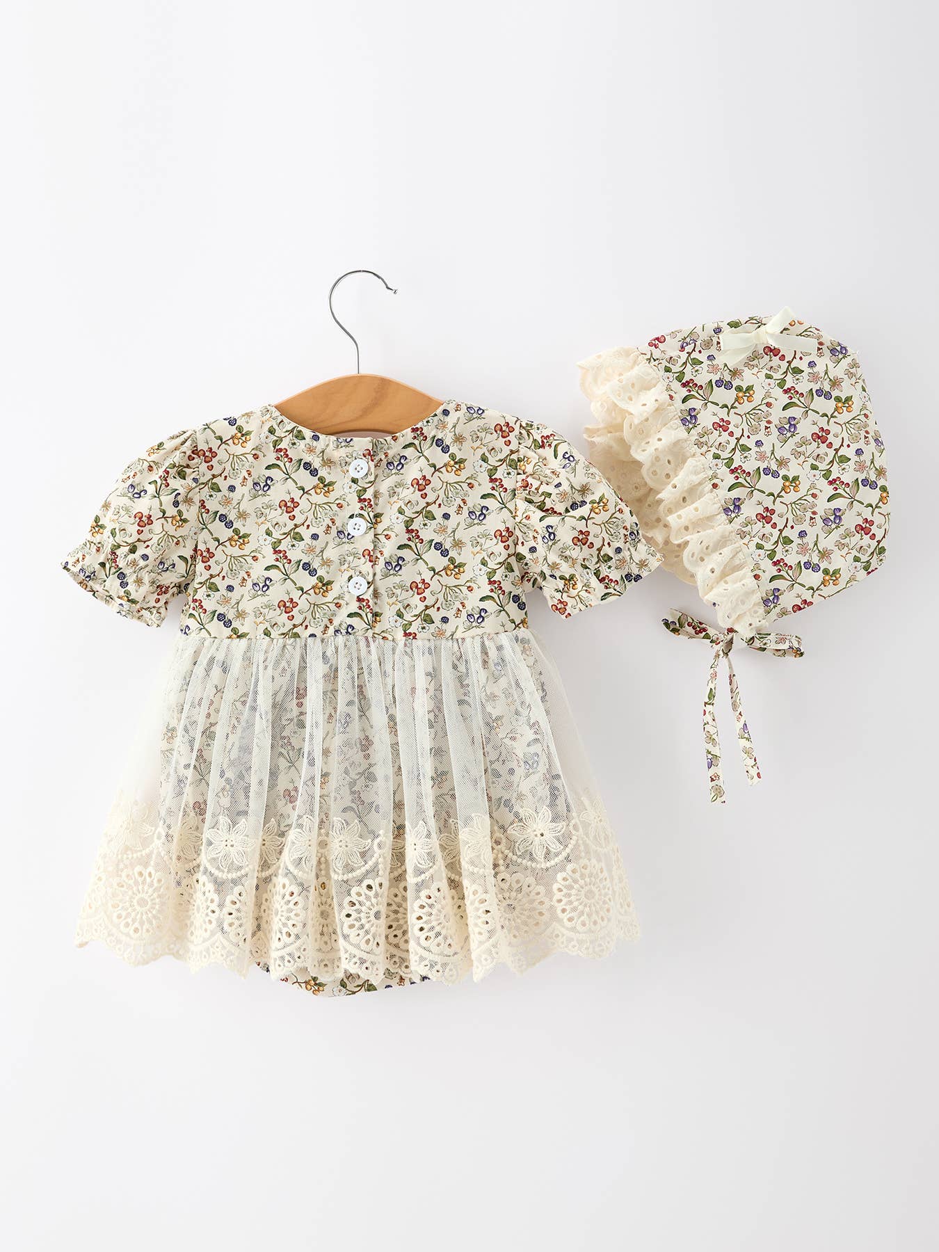 Floral Lace Baby Girl Romper With Bow Ruffle And Hat