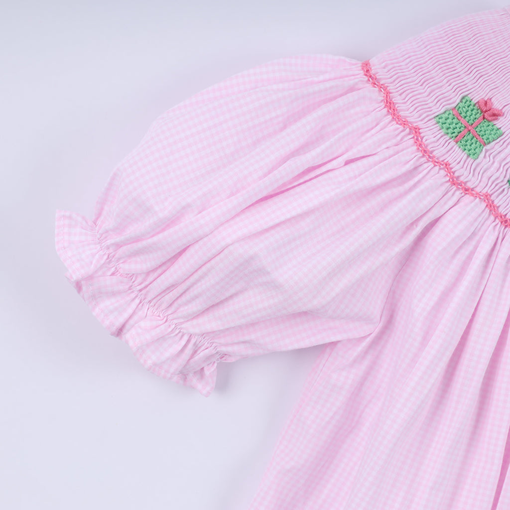Pink christmas tree hand smocked dress