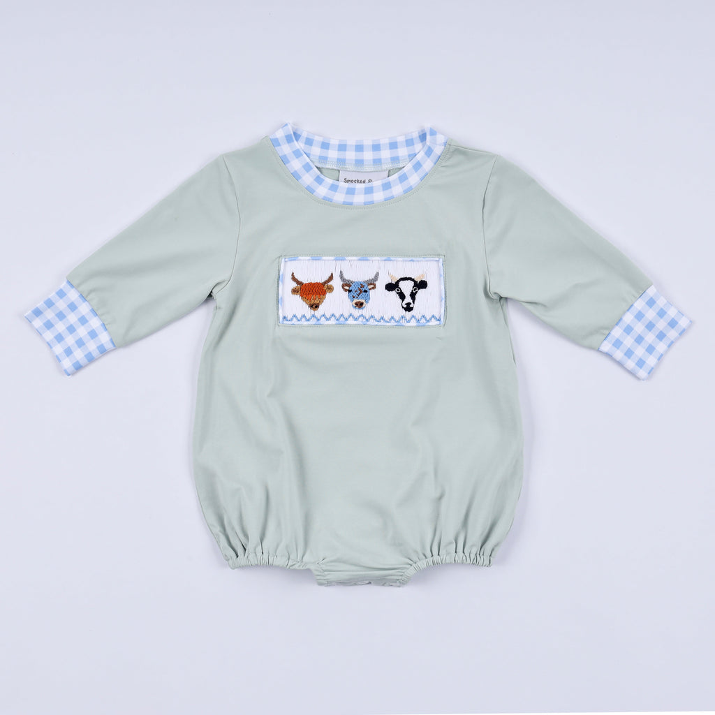 Sage cow hand smocked bubble