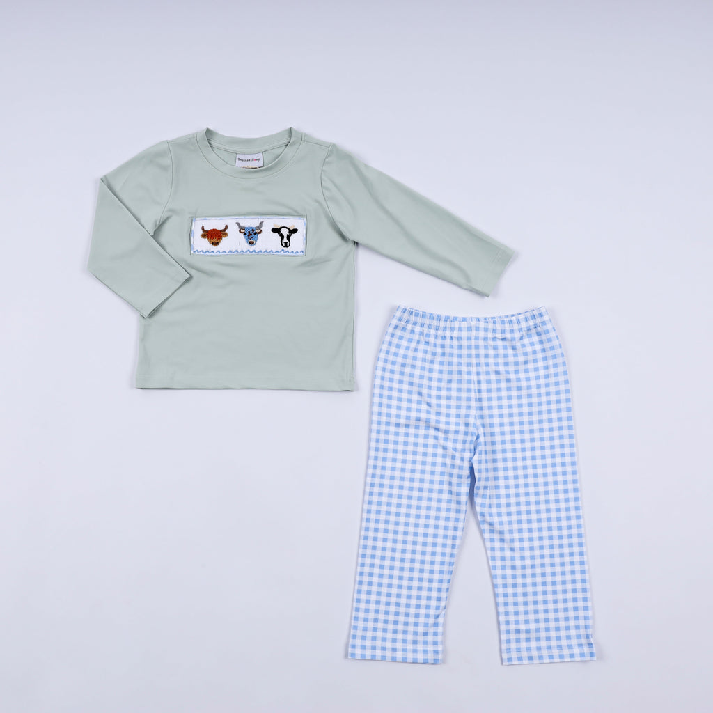 Sage cow hand smocked gingham pants set