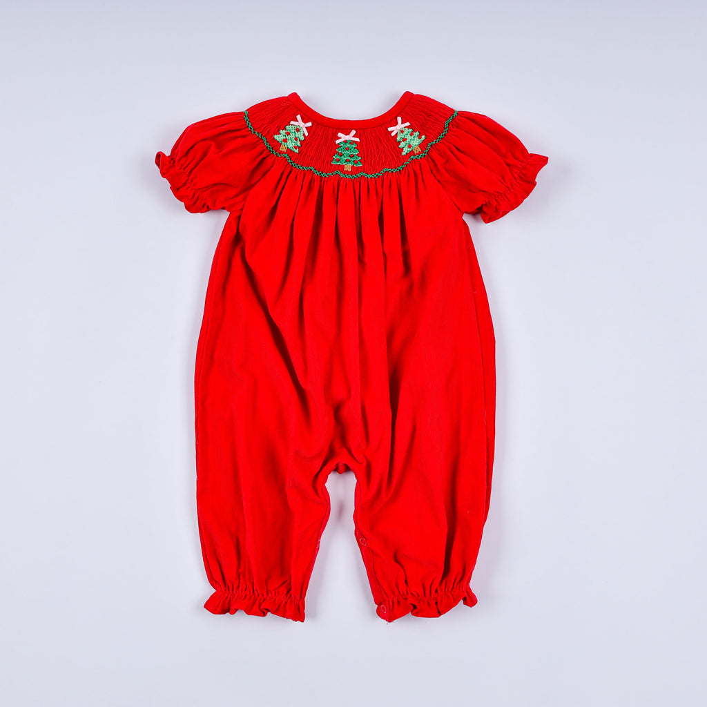 Red baby romper with green embroidery on a white background