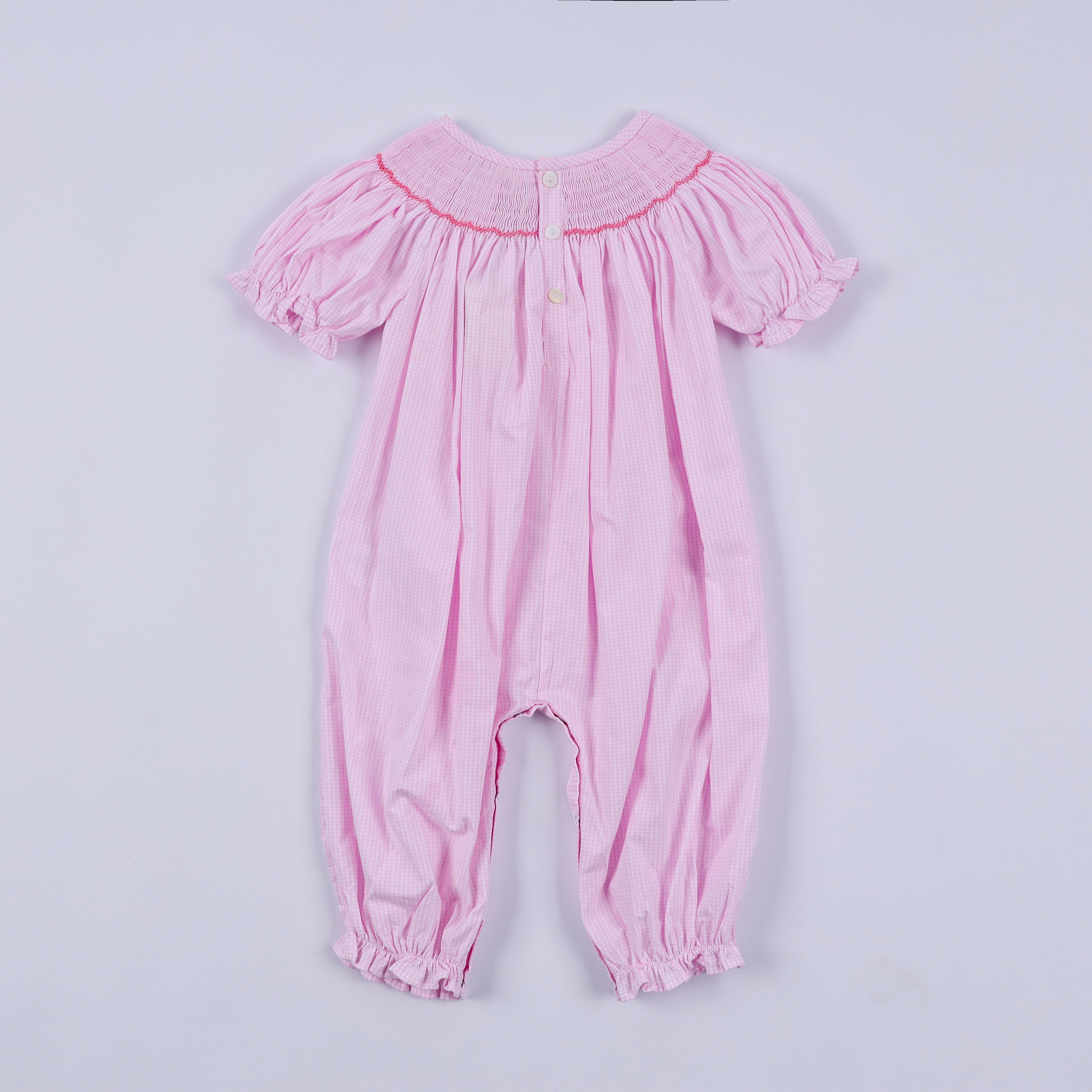 Pink christmas tree hand smocked ruffle romper
