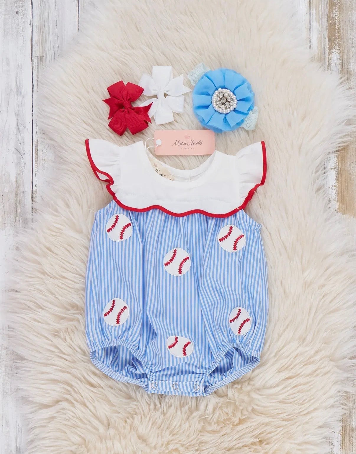 Dugout Ball Striped Embroidered 100% Cotton Ruffle Bubble Romper