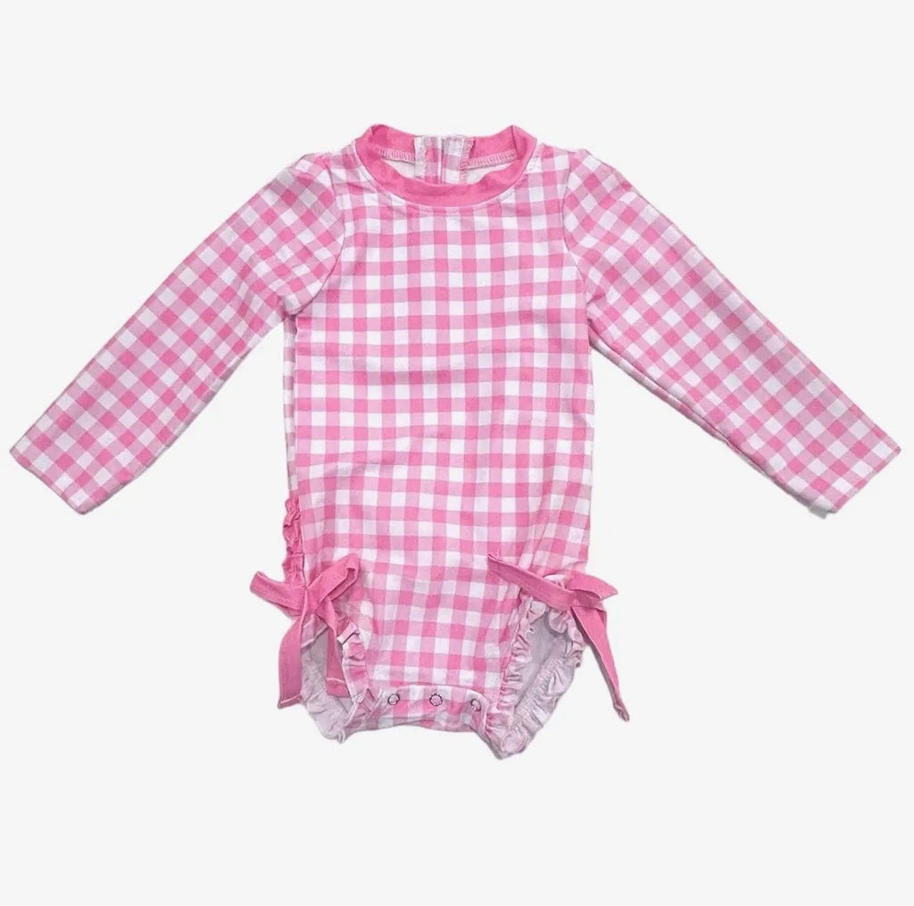 Girls One Piece Swim Suit Pink Gingham