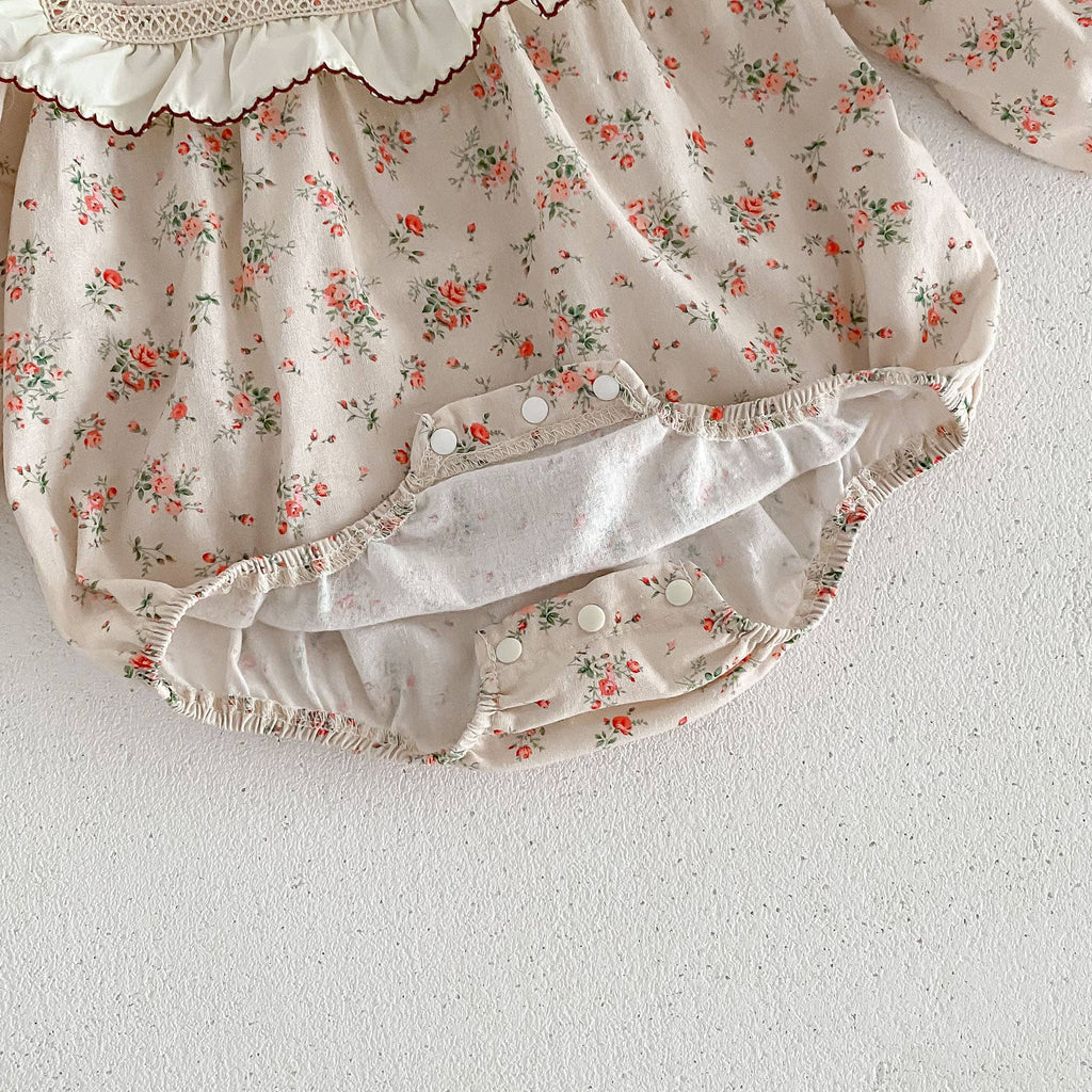 Vintage Floral Baby Romper Set with Ruffle Collar