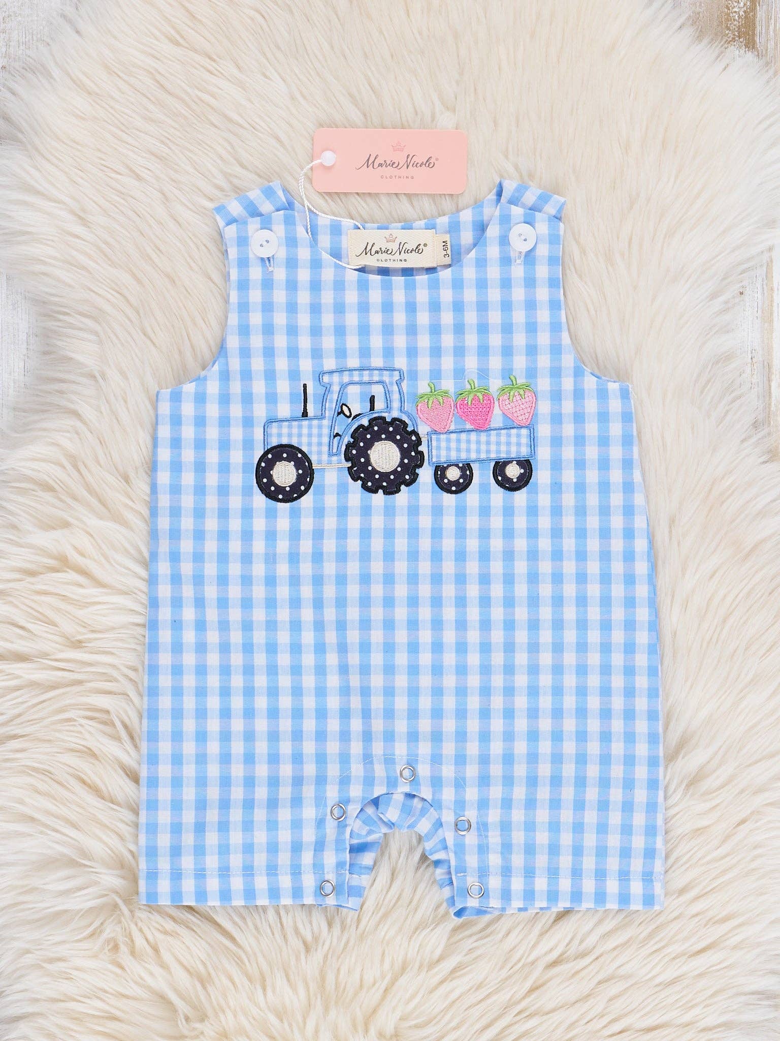 Gingham Embroidered Fruit Truck 100% Cotton Johnny