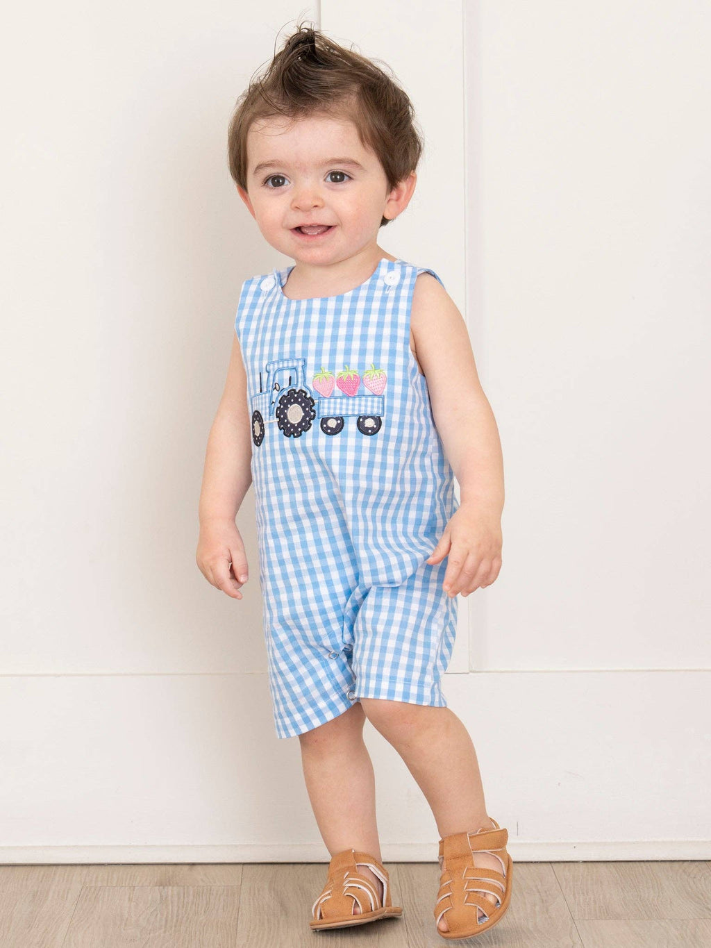Gingham Embroidered Fruit Truck 100% Cotton Johnny