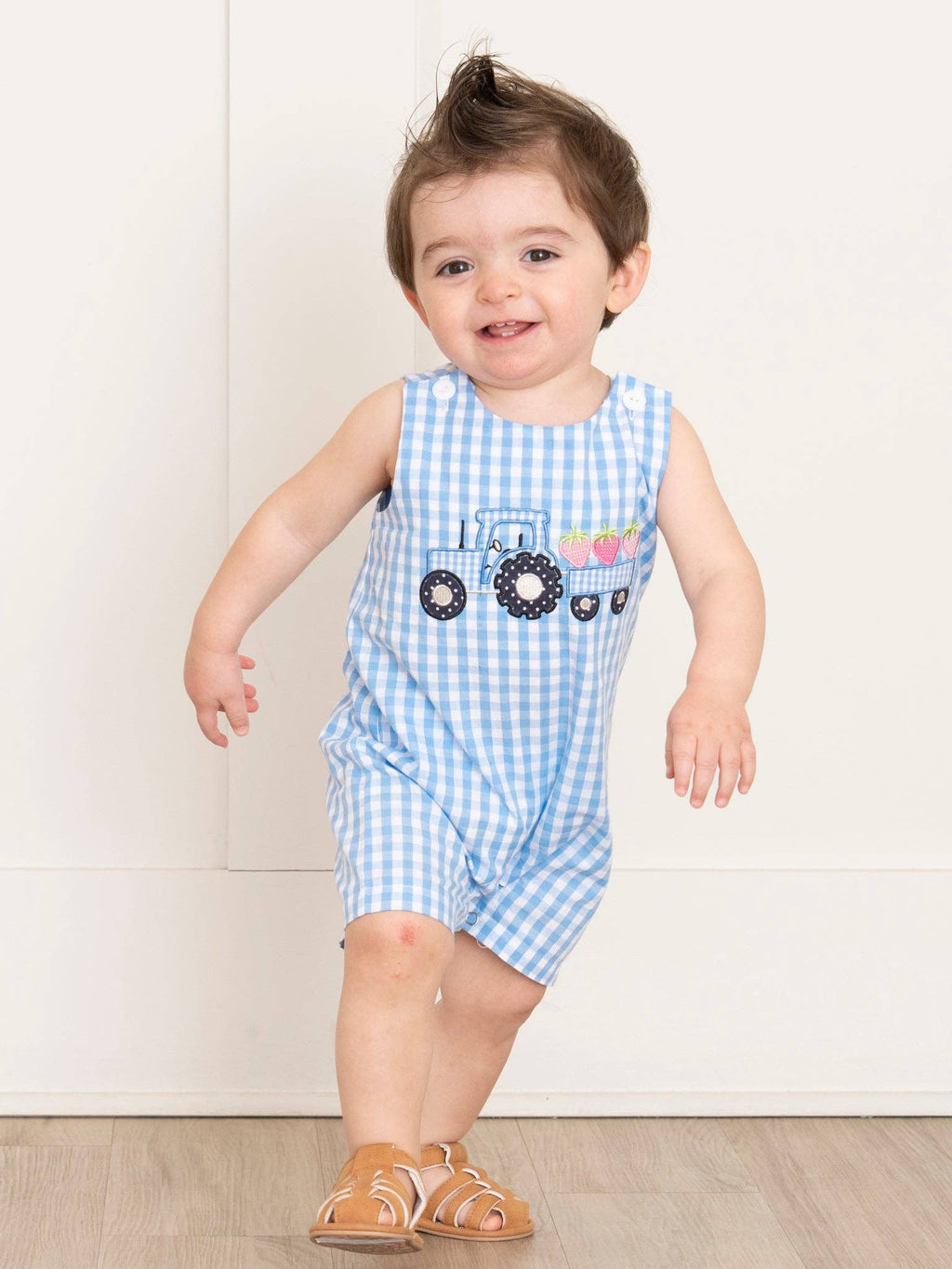 Gingham Embroidered Fruit Truck 100% Cotton Johnny