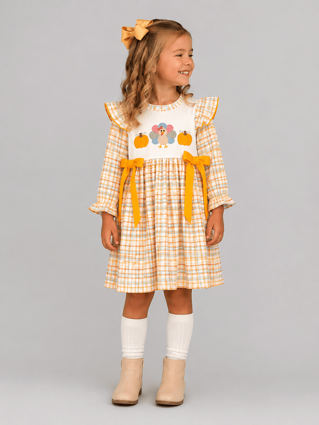 Girls Plaid Turkey & Pumpkin Thanksgiving Dress