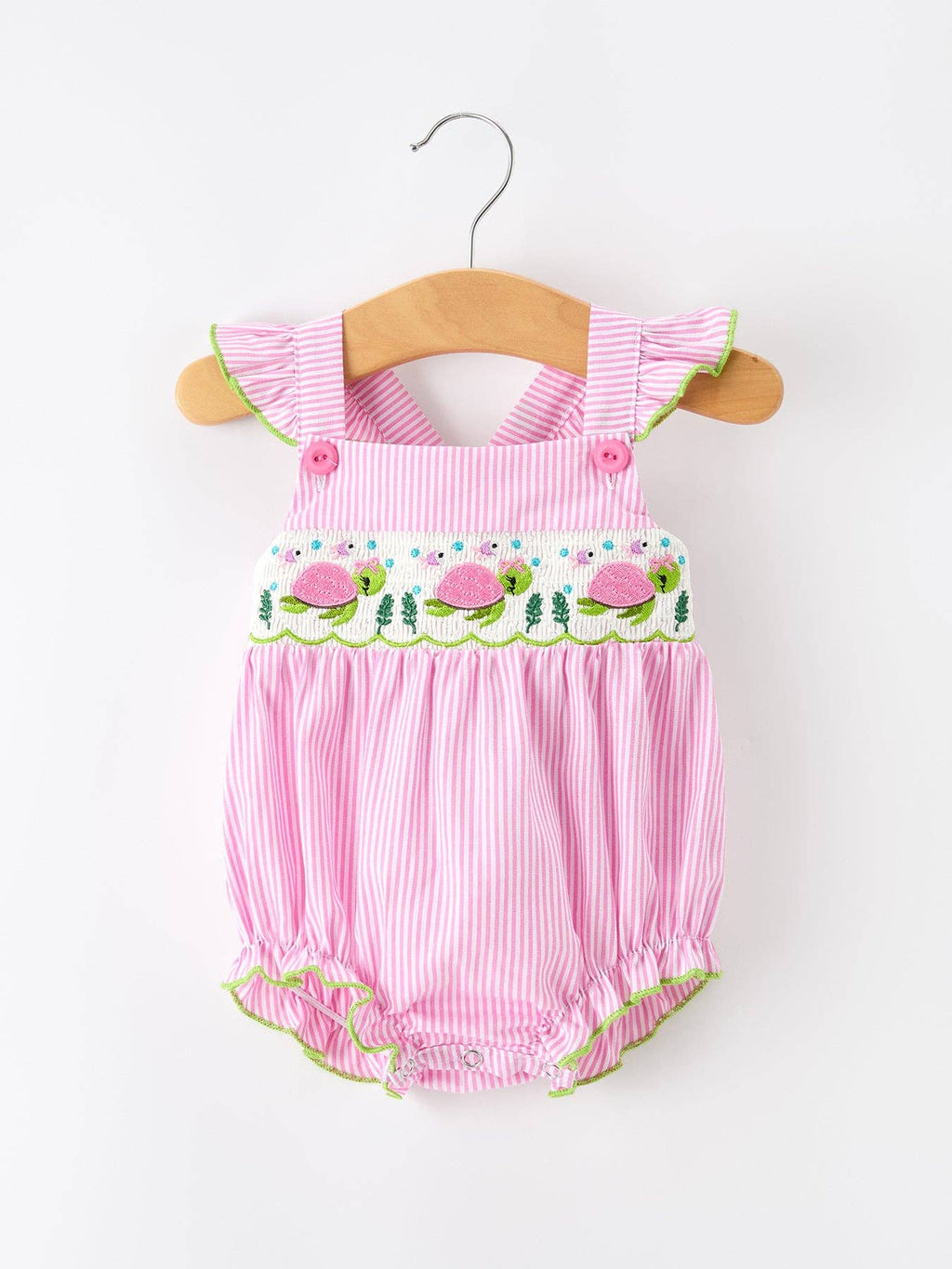 Turtle Girls Romper Pink Stripe Ruffle Strap Smocked