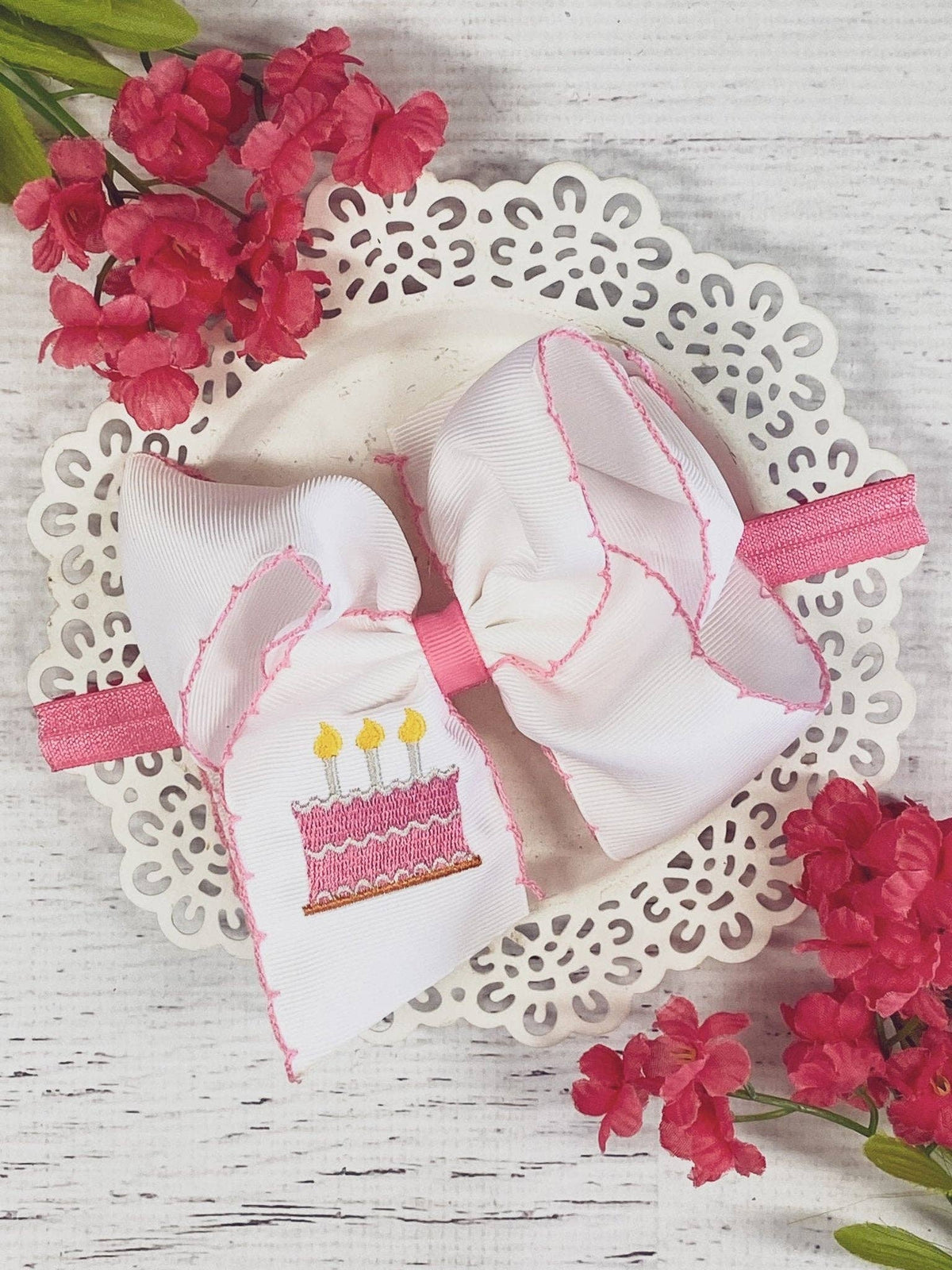 Birthday Cake Embroidered Moonstitch Hair Bow | Clip or Headband