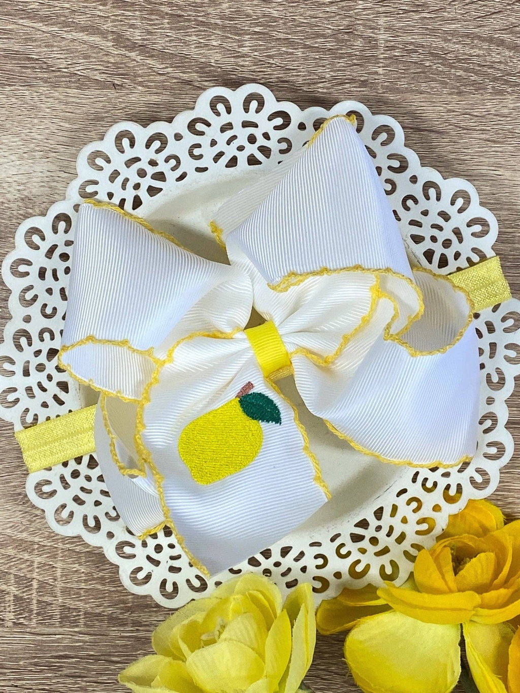 Lemon Embroidered Moonstitch Hair Bow | Clip or Headband