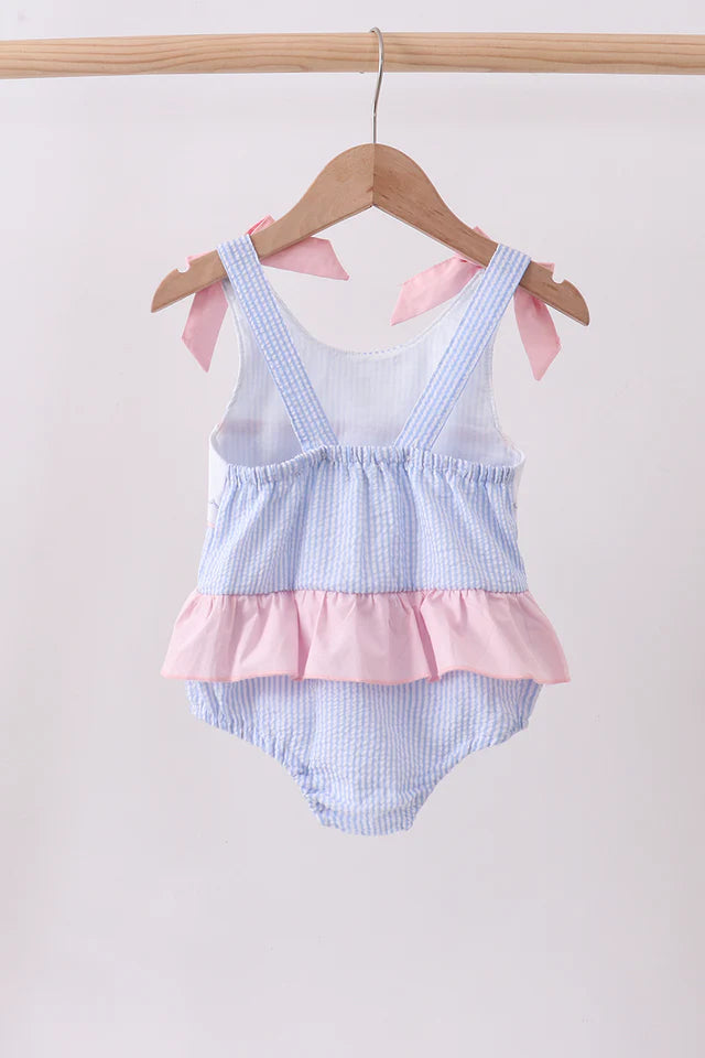 Blue stripe seersucker crab embroidery swimsuit